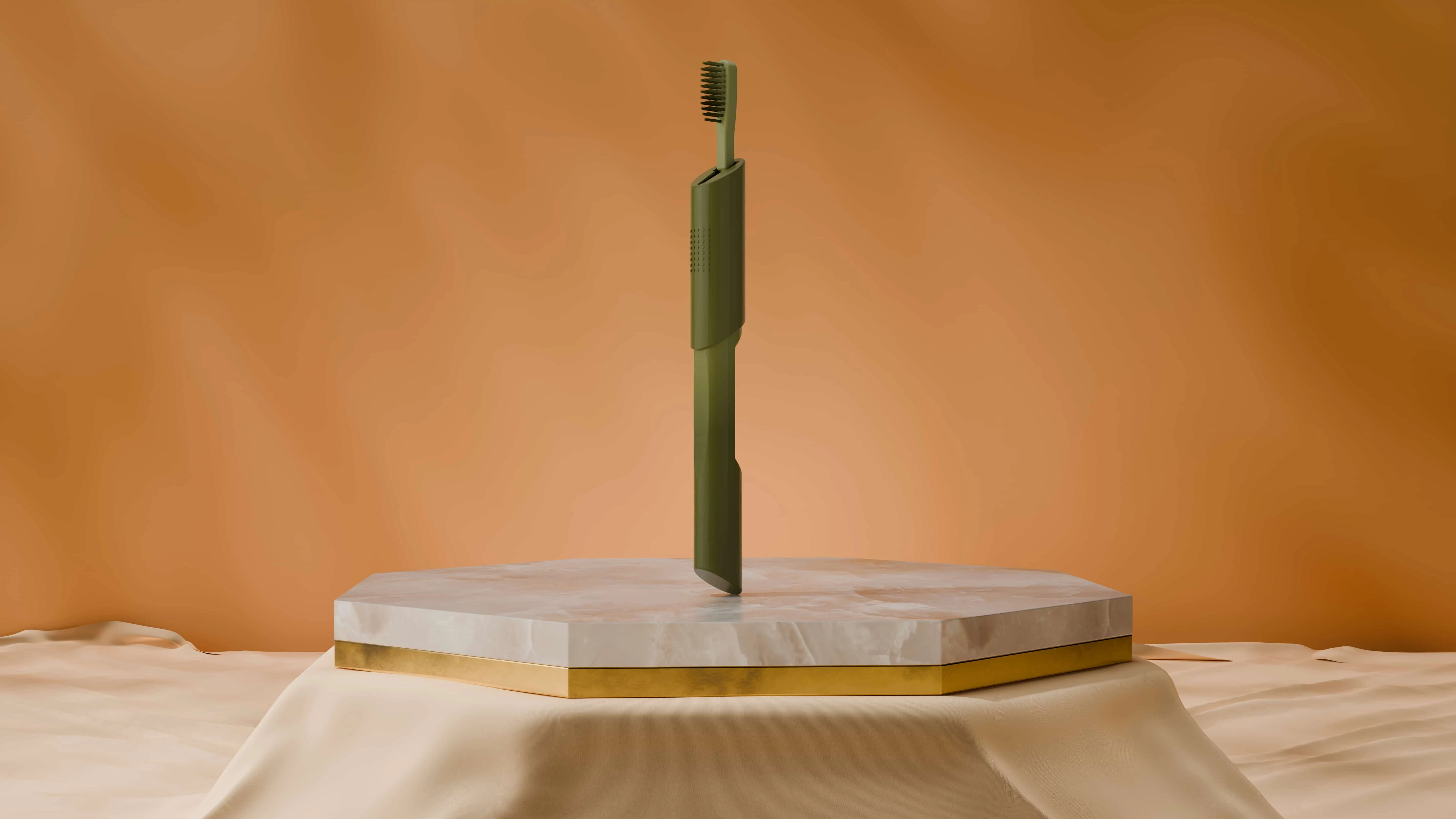 Ergonomic Sliding Bamboo Toothbrush - green travel toothbrush podium render